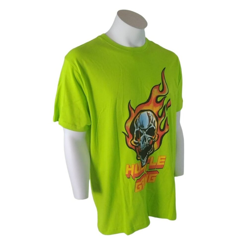 Hustle Gang Mens XL Acid Lime Skull and Flames Graphic T-Shirt New with Tags